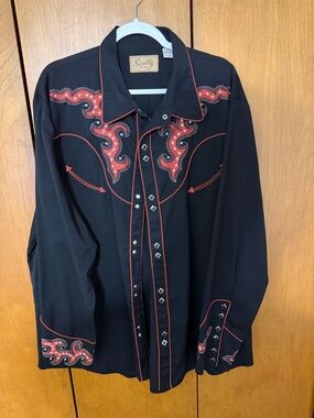 Scully Black Western Shirt with Red Embroidered Yokes